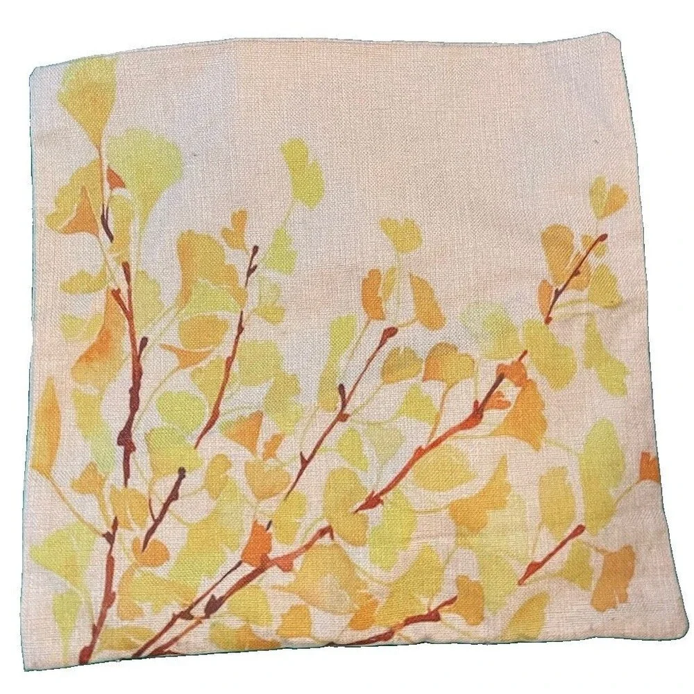 Yellow Gingko Leaves & Branches Burlap Throw Pillowcase 17 in x 17 in